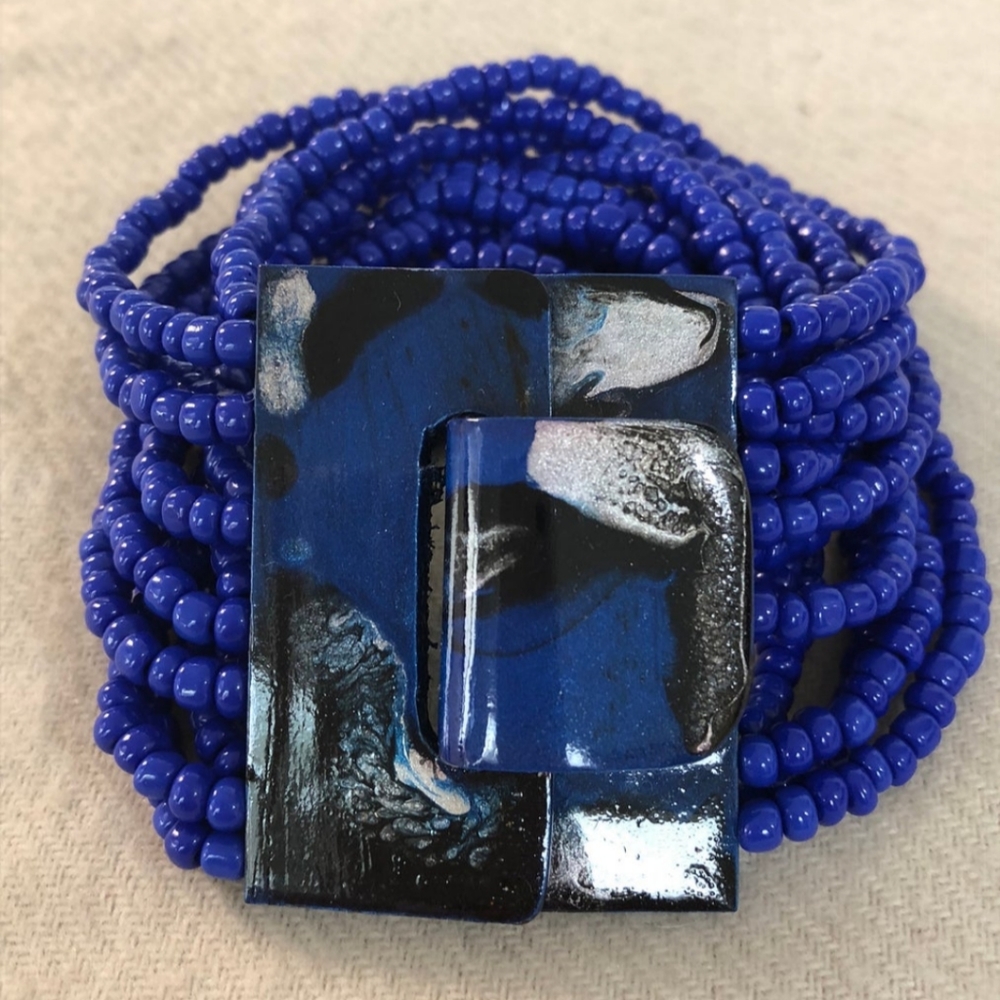 Multi Strand Cobalt & Dark Blue Elastic Stretch One Size Glass Beaded Bracelet